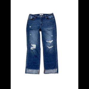 CEROS 90s High Rise Straight Crop Raw Step Hem Distressed Jeans 32